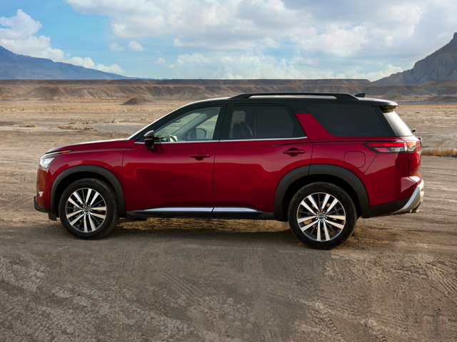 Profile view of a red 2024 Nissan Pathfinder | Nissan dealer in Chesapeake, VA | Banister Nissan of Chesapeake