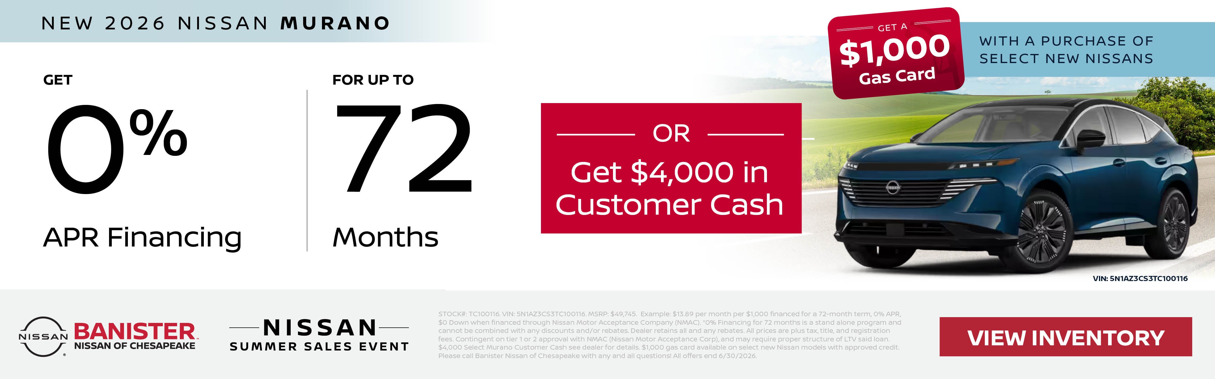 0% APR for 72 Months on a new 2026 Murano