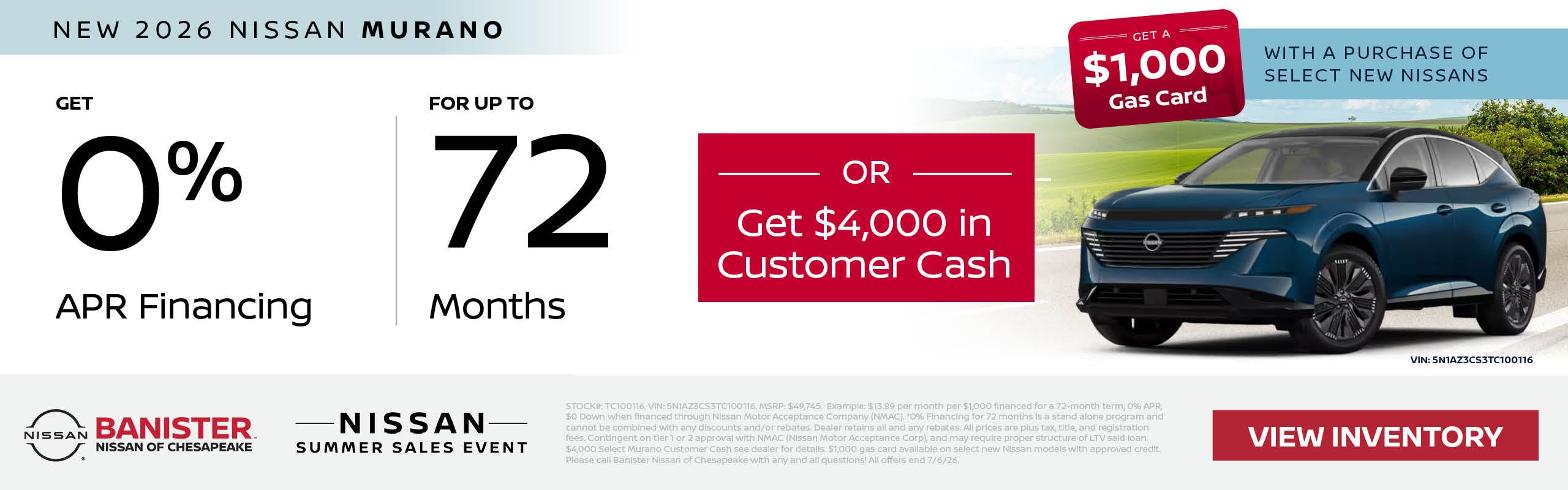 0% APR for 72 Months on a new 2026 Murano