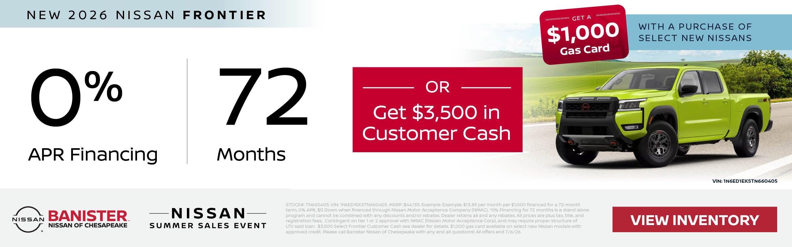 0% APR for 72 on a new 2026 Frontier