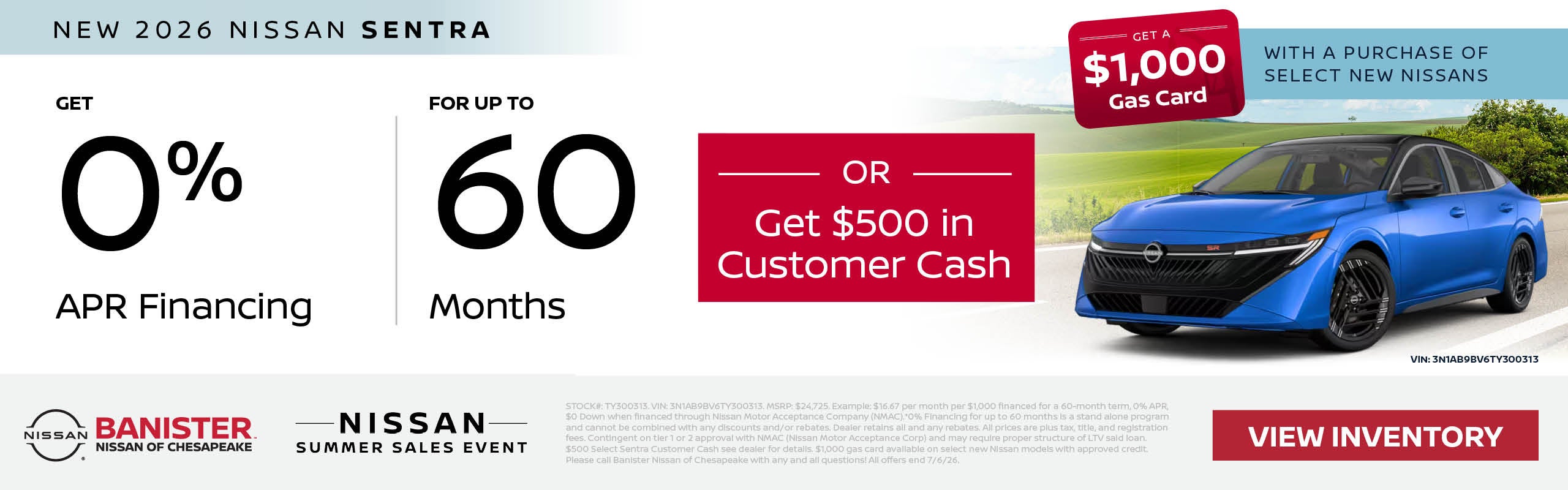 0% APR for 60 Months on a new 2026 Sentra